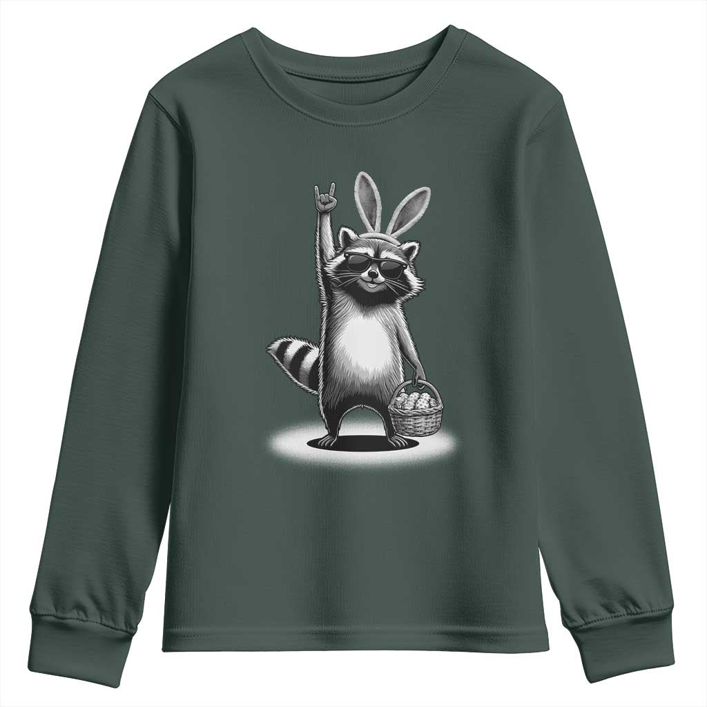 Retro Easter Raccoon Bunny Rock Hand Trash Panda Youth Sweatshirt TS11 Dark Forest Green Print Your Wear