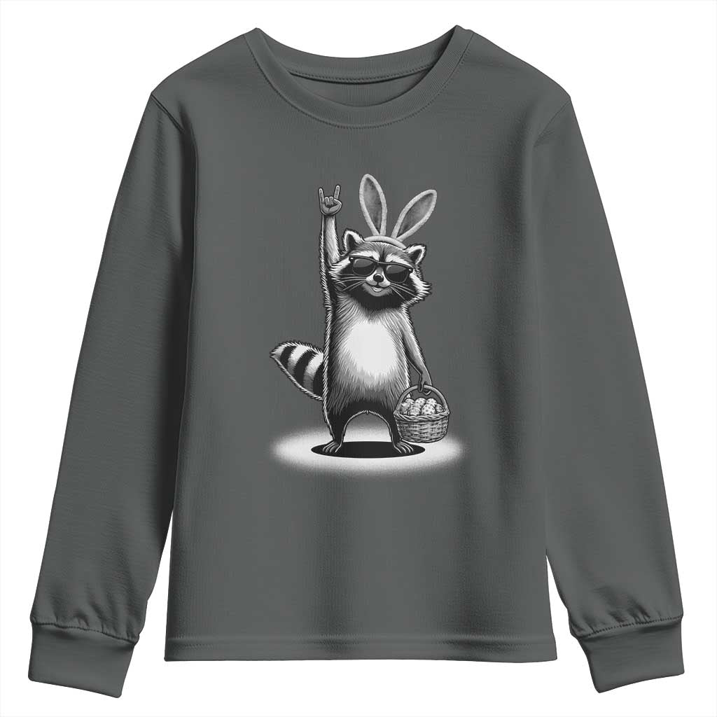 Retro Easter Raccoon Bunny Rock Hand Trash Panda Youth Sweatshirt TS11 Dark Heather Print Your Wear