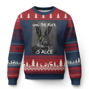 Funny Rabbit Who The Fuck Is Alice Ugly Christmas Sweater TS11 Navy Red Print Your Wear