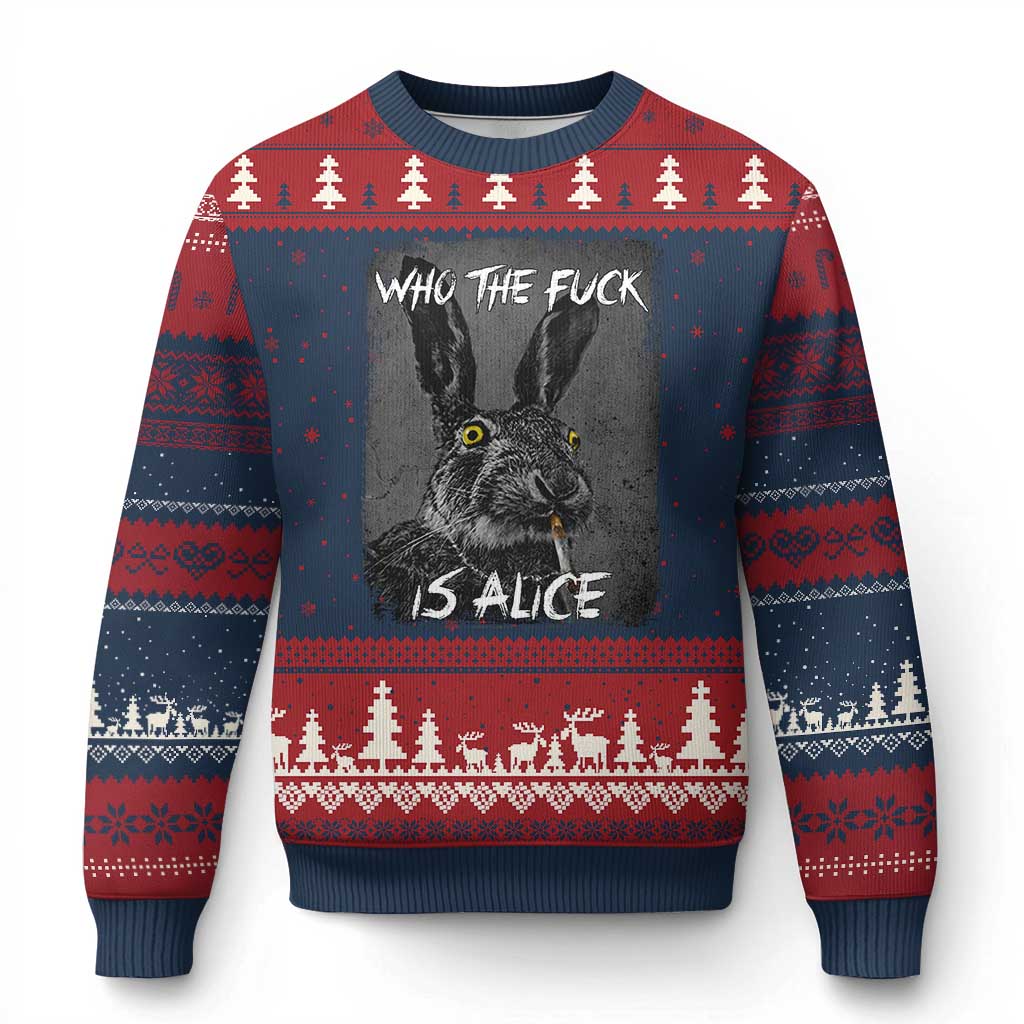 Funny Rabbit Who The Fuck Is Alice Ugly Christmas Sweater TS11 Navy Red Print Your Wear