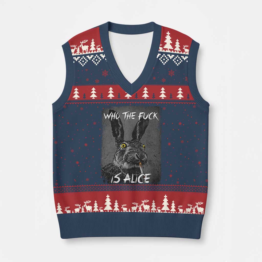 Funny Rabbit Who The Fuck Is Alice V-Neck Knit Sweater Vest TS11 Navy Red Print Your Wear