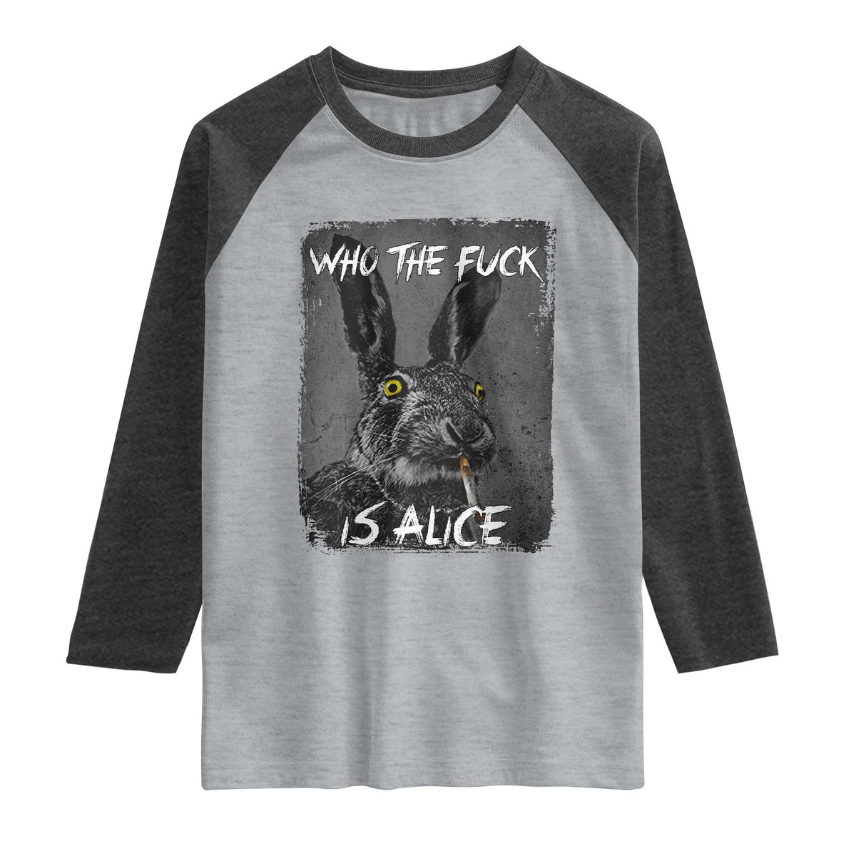 Funny Rabbit Who The Fuck Is Alice Raglan Shirt TS11 Heather Gray Heather Charcoal Print Your Wear