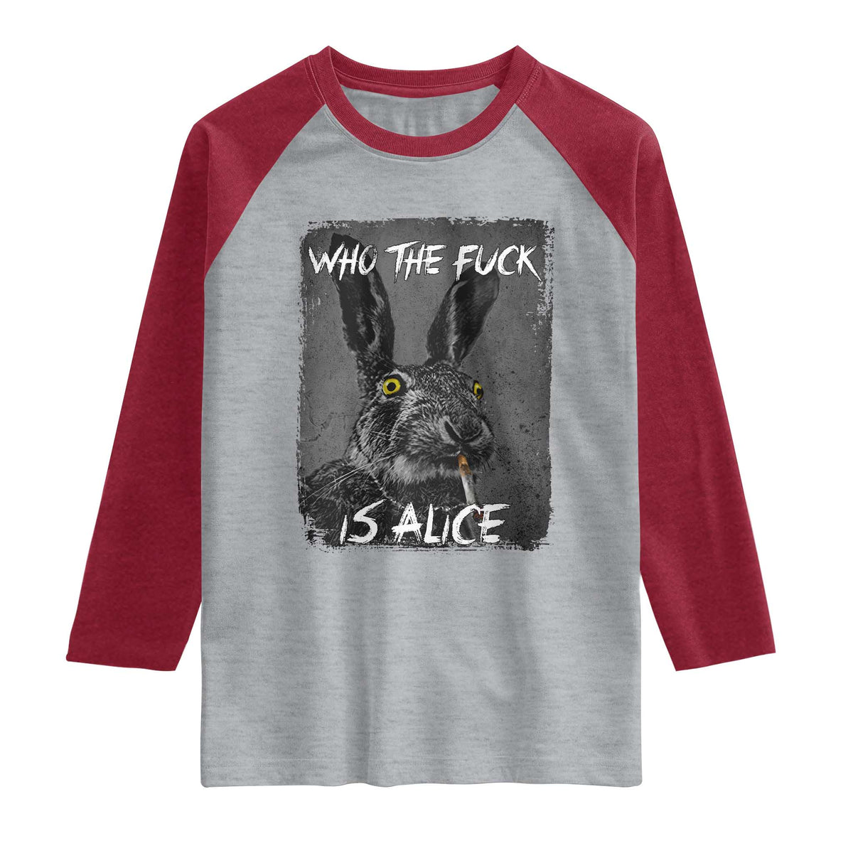 Funny Rabbit Who The Fuck Is Alice Raglan Shirt TS11 Heather Gray Heather Red Print Your Wear