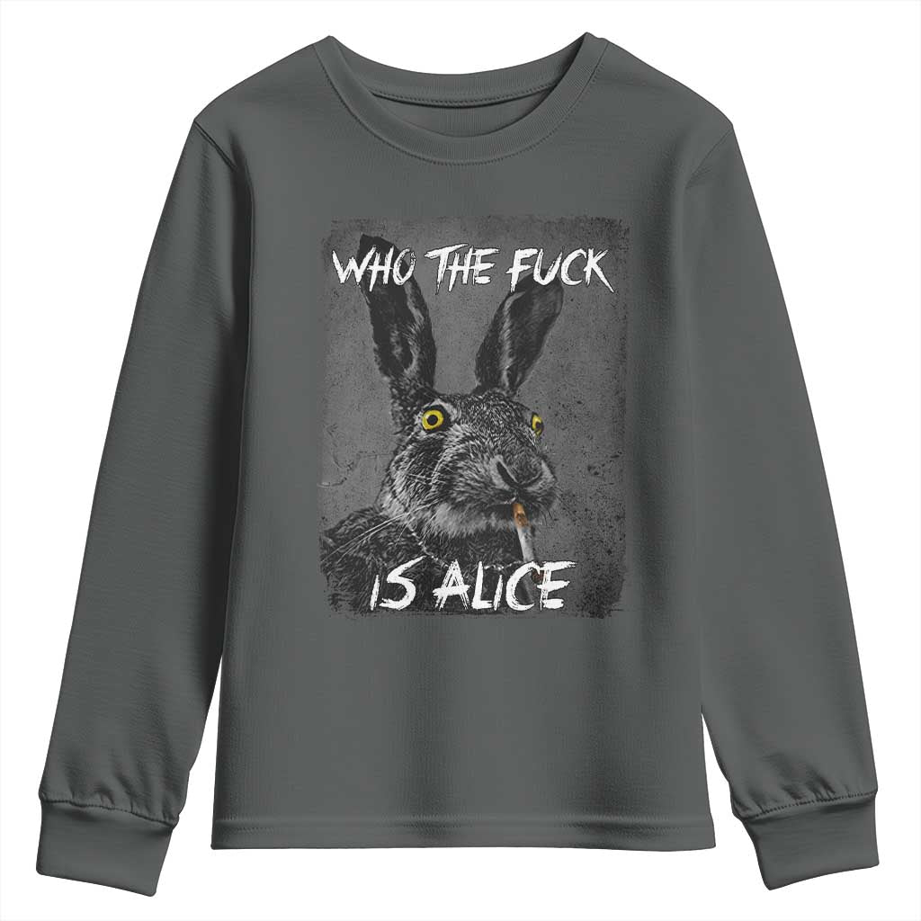 Funny Rabbit Who The Fuck Is Alice Youth Sweatshirt TS11 Dark Heather Print Your Wear
