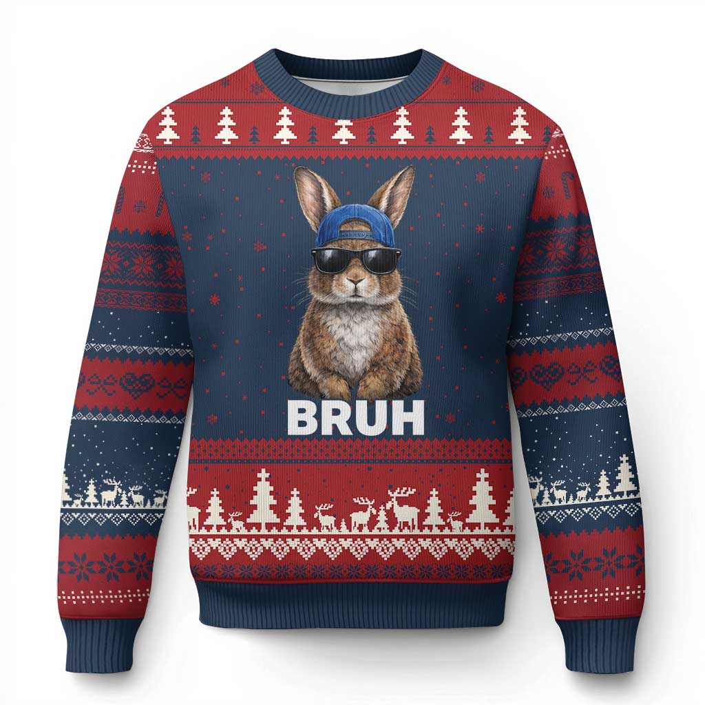 Funny Easter Bruh Bunny Sunglasses Meme Ugly Christmas Sweater TS11 Navy Red Print Your Wear