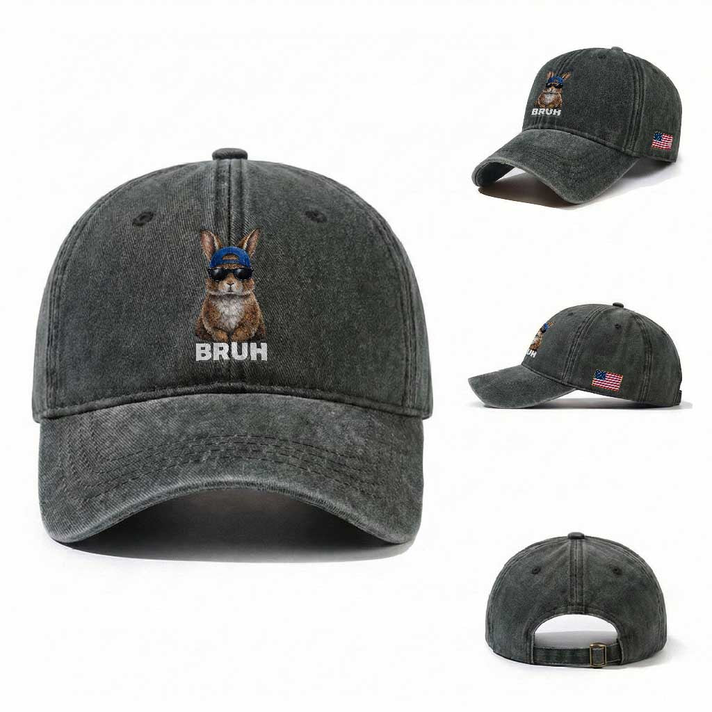Funny Easter Bruh Bunny Sunglasses Meme Washed Cotton Baseball Cap TS11 Washed Cap Universal Fit Dark Green Print Your Wear