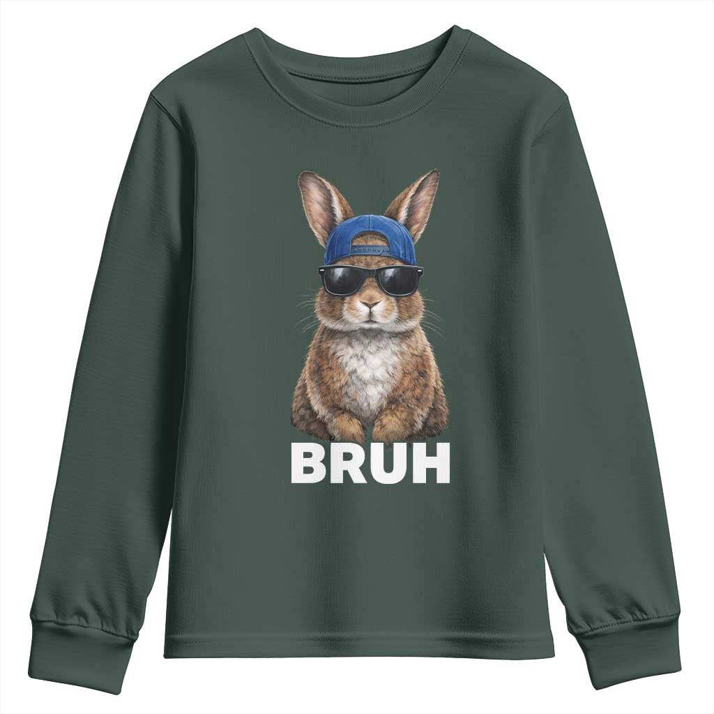Funny Easter Bruh Bunny Sunglasses Meme Youth Sweatshirt TS11 Dark Forest Green Print Your Wear