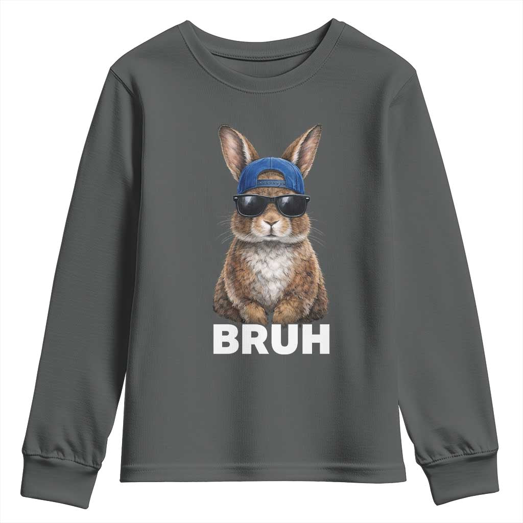 Funny Easter Bruh Bunny Sunglasses Meme Youth Sweatshirt TS11 Dark Heather Print Your Wear