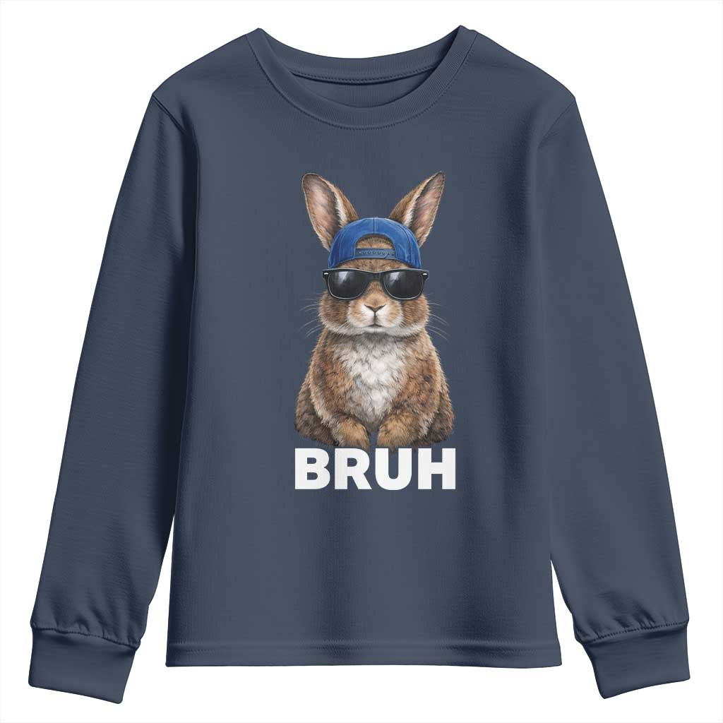 Funny Easter Bruh Bunny Sunglasses Meme Youth Sweatshirt TS11 Navy Print Your Wear