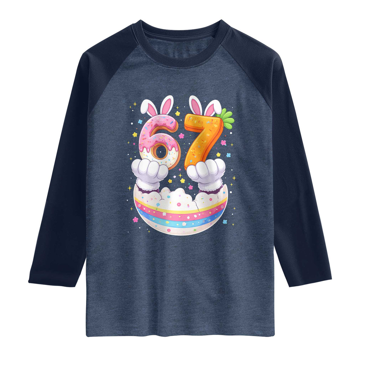 Funny Easter Day Bunny 67 Six Seven Meme Raglan Shirt TS11 Heather Denim Navy Print Your Wear