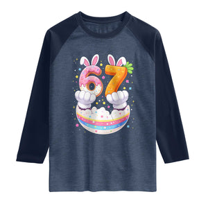 Funny Easter Day Bunny 67 Six Seven Meme Raglan Shirt TS11 Heather Denim Navy Print Your Wear
