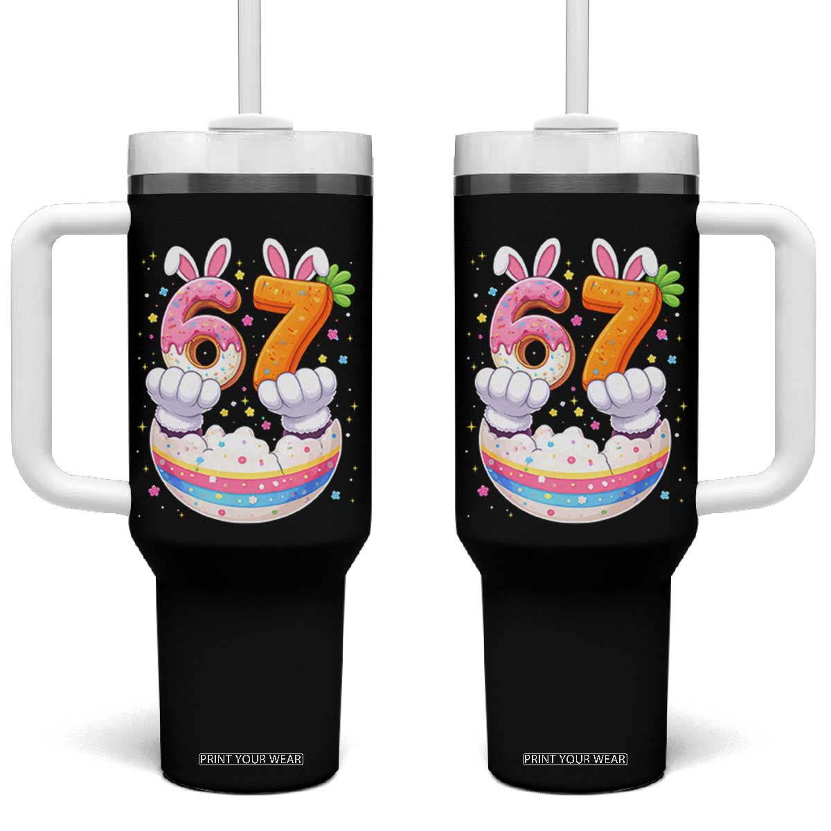 Funny Easter Day Bunny 67 Six Seven Meme Tumbler With Handle TS11 One Size: 40 oz Black Print Your Wear