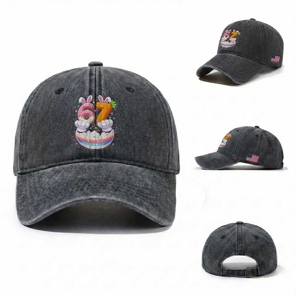 Funny Easter Day Bunny 67 Six Seven Meme Washed Cotton Baseball Cap TS11 Washed Cap Universal Fit Dark Gray Print Your Wear