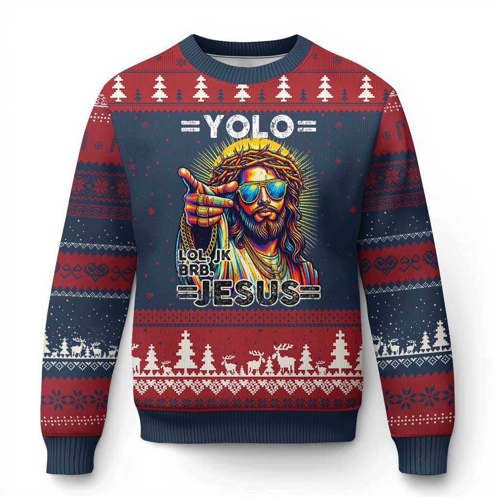 Funny Yolo Lol Jk BRB Christian Easter Ugly Christmas Sweater Resurrection Jesus TS11 Navy Red Print Your Wear