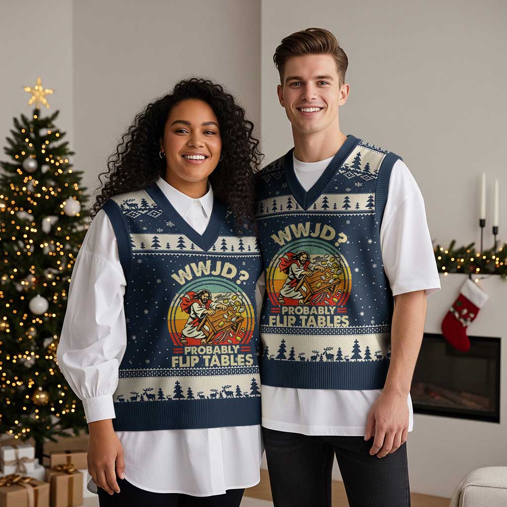 WWJD Probably Flip Tables V-Neck Knit Sweater Vest Retro Christian Humor TS11 Navy Beige Print Your Wear