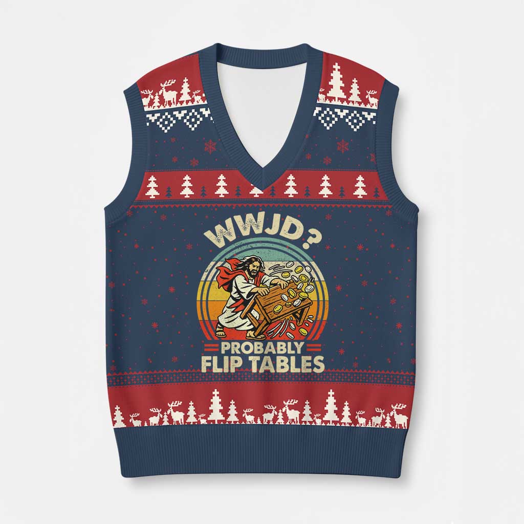 WWJD Probably Flip Tables V-Neck Knit Sweater Vest Retro Christian Humor TS11 Navy Red Print Your Wear