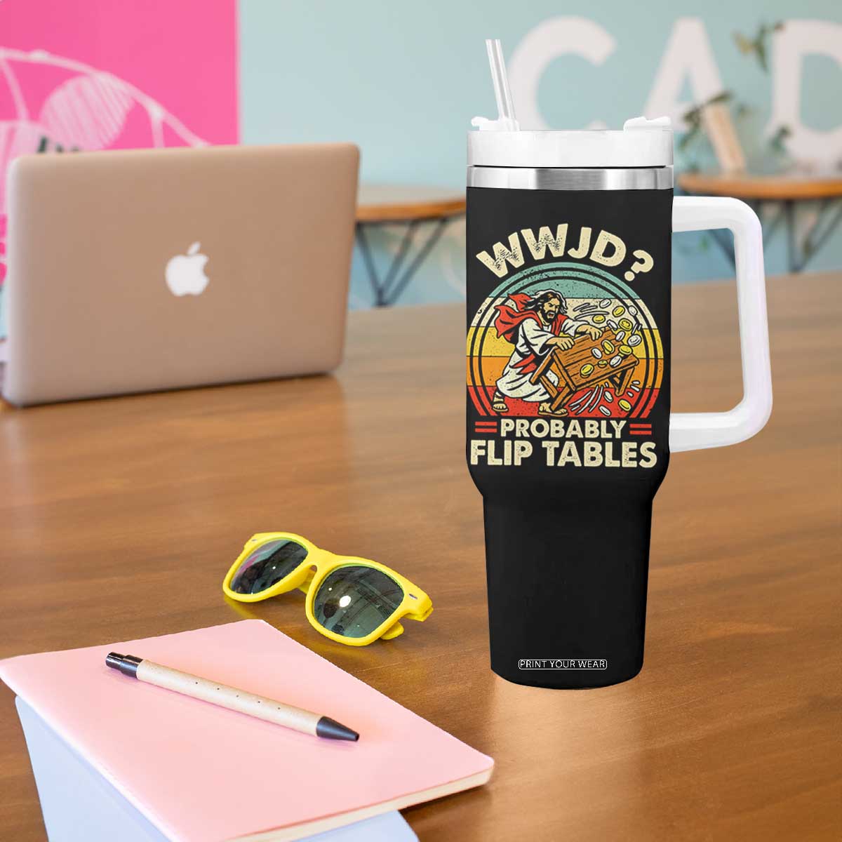 WWJD Probably Flip Tables Tumbler With Handle Retro Christian Humor TS11 Print Your Wear