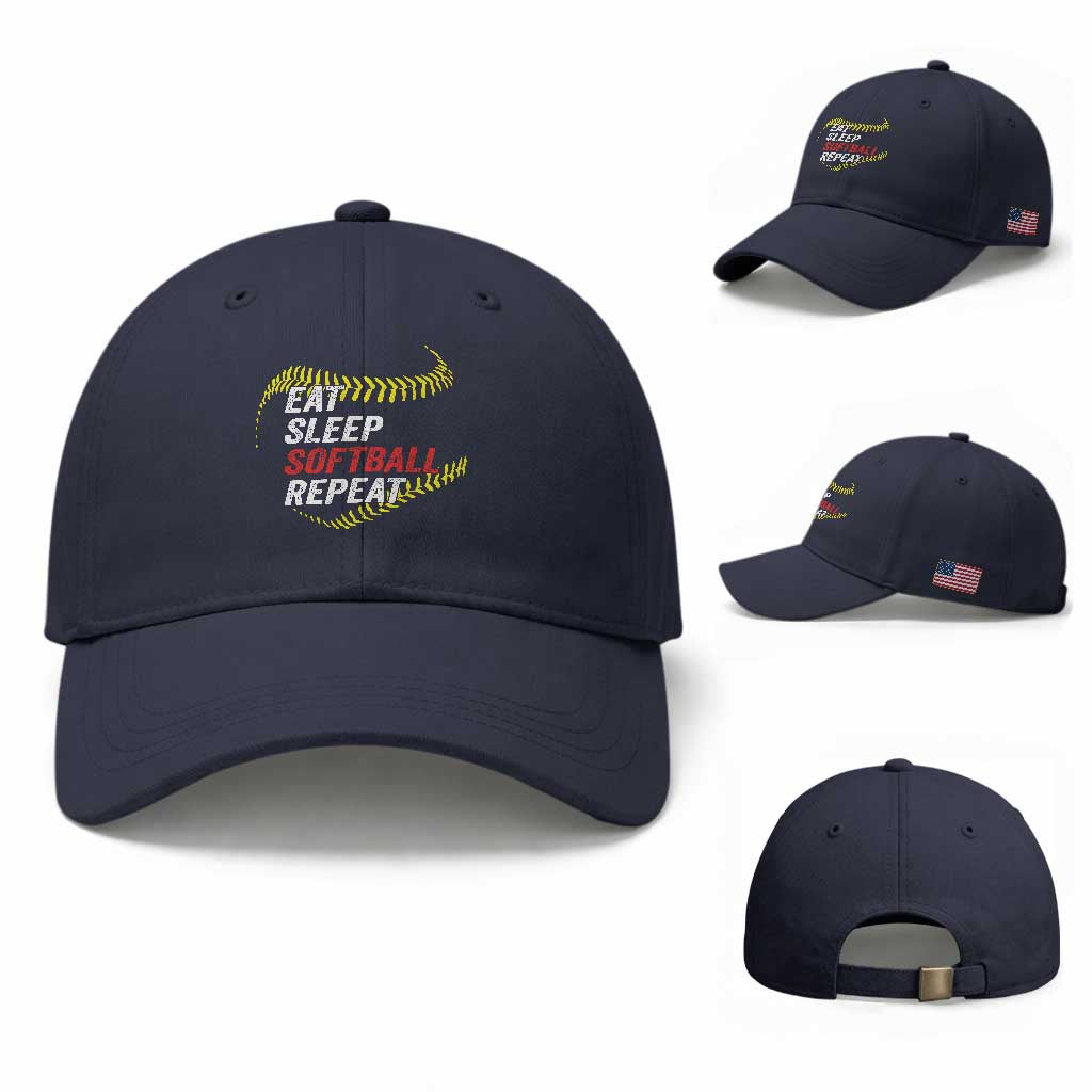 Eat Sleep Softball Repeat Baseball Cap Funny Softball Player TS11 Baseball Cap Universal Fit Navy Print Your Wear