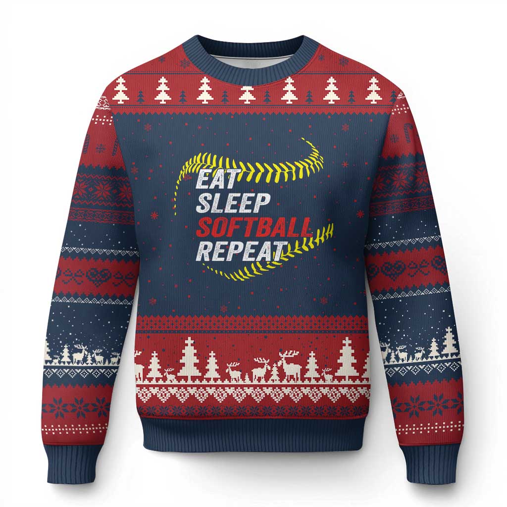 Eat Sleep Softball Repeat Ugly Christmas Sweater Funny Softball Player TS11 Navy Red Print Your Wear