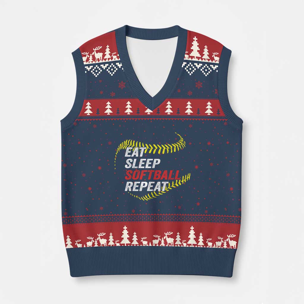 Eat Sleep Softball Repeat V-Neck Knit Sweater Vest Funny Softball Player TS11 Navy Red Print Your Wear
