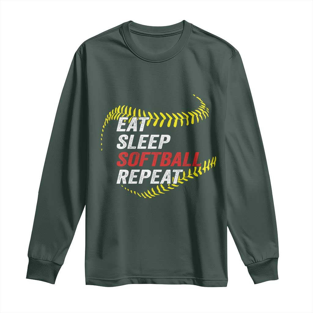 Eat Sleep Softball Repeat Long Sleeve Shirt Funny Softball Player TS11 Dark Forest Green Print Your Wear