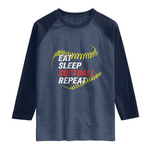 Eat Sleep Softball Repeat Raglan Shirt Funny Softball Player TS11 Heather Denim Navy Print Your Wear