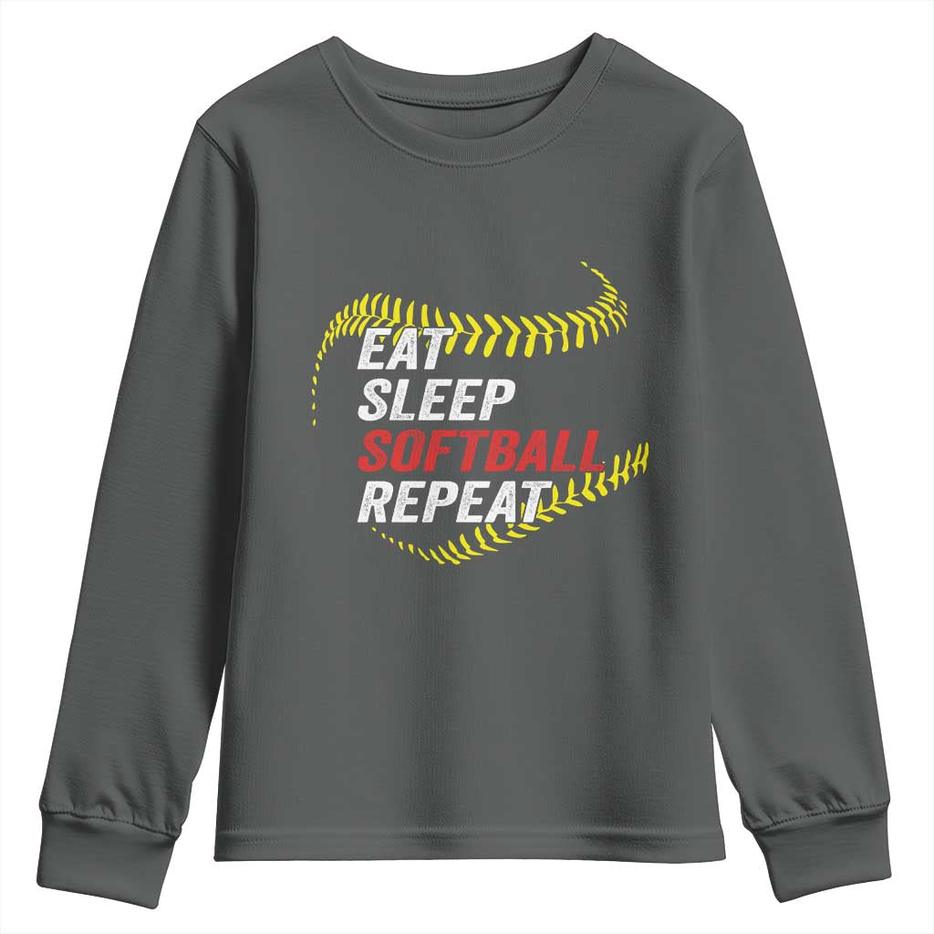 Eat Sleep Softball Repeat Youth Sweatshirt Funny Softball Player TS11 Dark Heather Print Your Wear