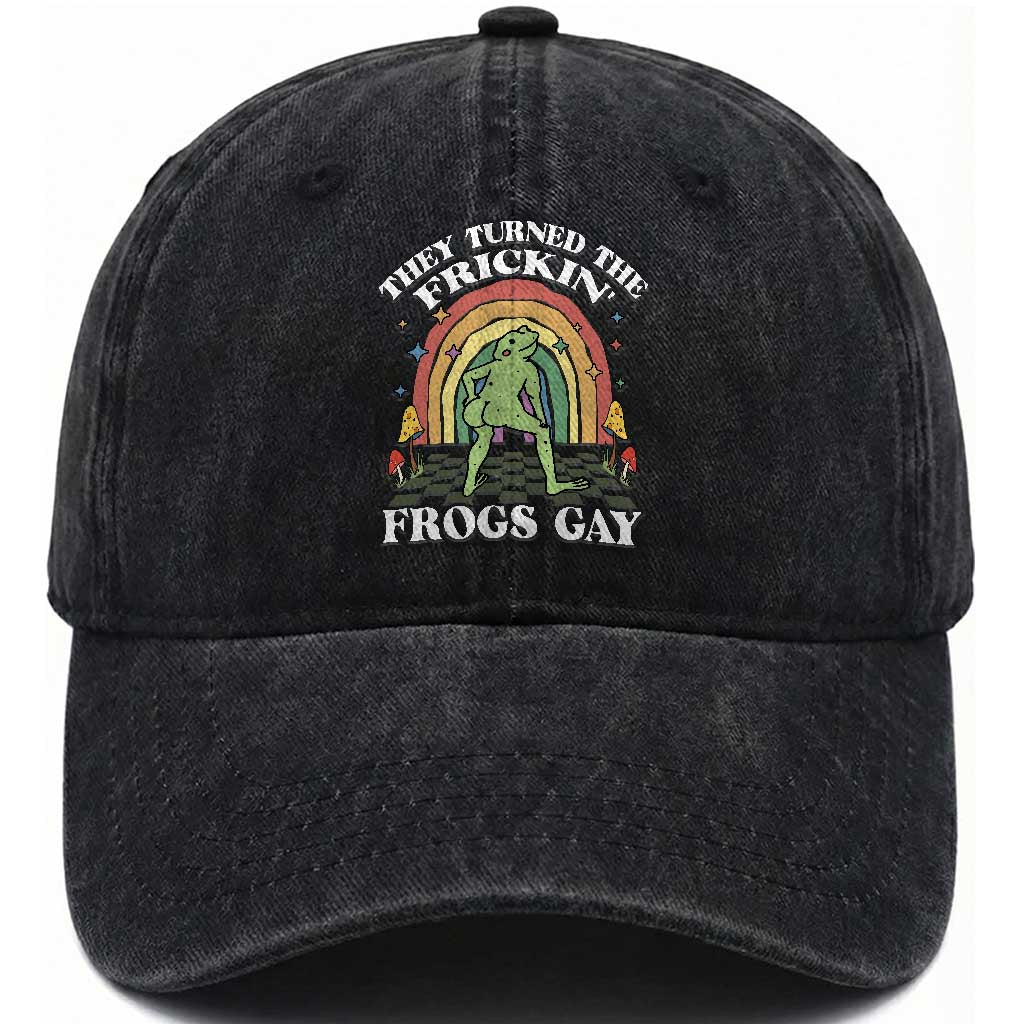 Funny They Turned The Frickin Frogs Gay Washed Cotton Baseball Cap Gay Frog LGBT Rainbow TS11 Print Your Wear