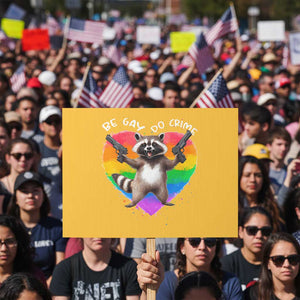 Funny Be Gay Do Crime Protest Sign LGBTQ Pride Gay Racoon Rainbow TS11 Horizontal 18" × 24" Yellow Print Your Wear