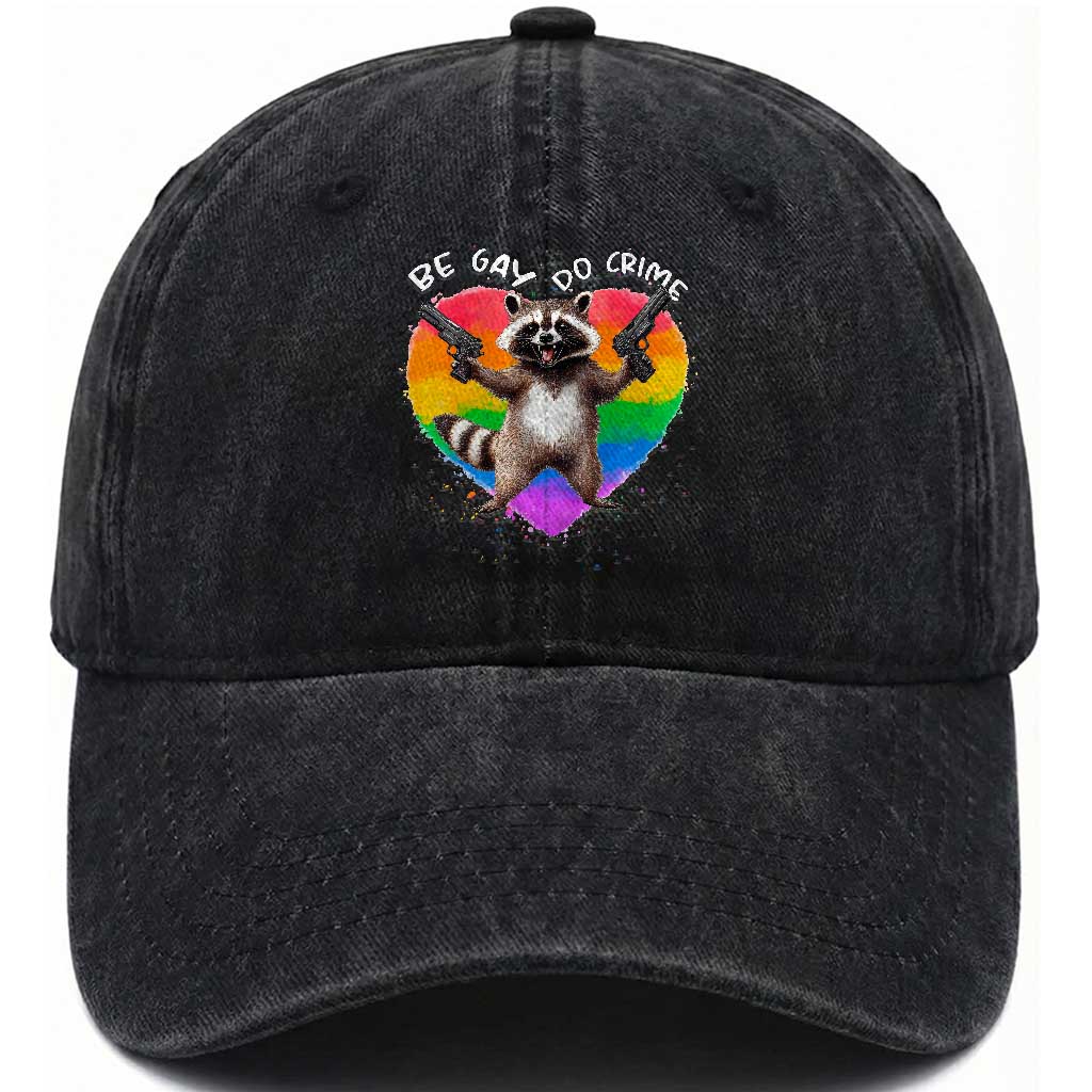 Funny Be Gay Do Crime Washed Cotton Baseball Cap LGBTQ Pride Gay Racoon Rainbow TS11 Print Your Wear