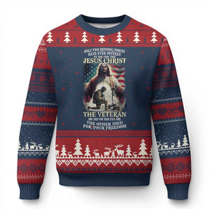 Only Two Defining Forces Have Ever Offered To Die For You Jesus Christ And The Veteran Ugly Christmas Sweater TS11 Navy Red Print Your Wear
