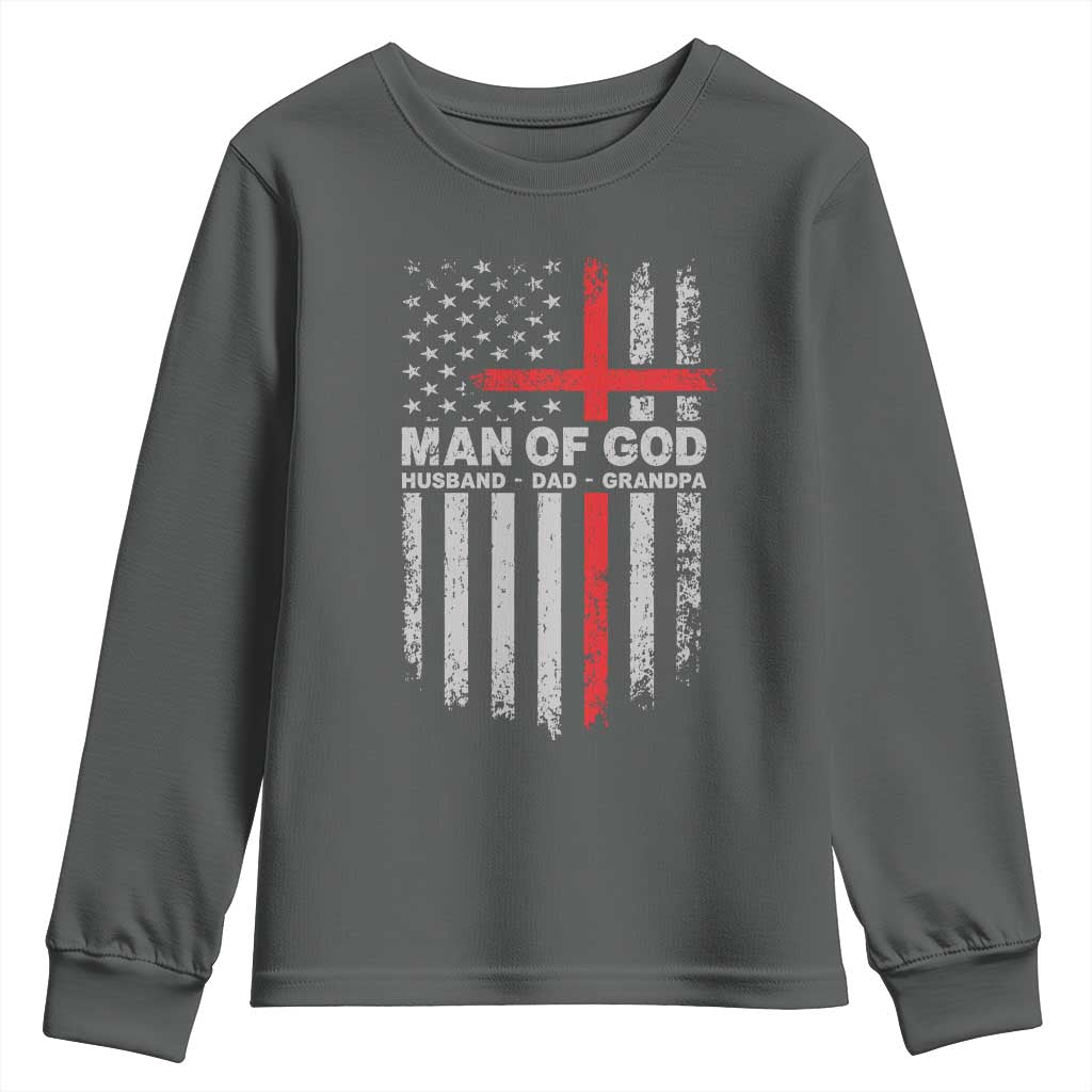 Man of God Husband Dad Protector Youth Sweatshirt Christian Dad Fathers Day TS11 Dark Heather Print Your Wear