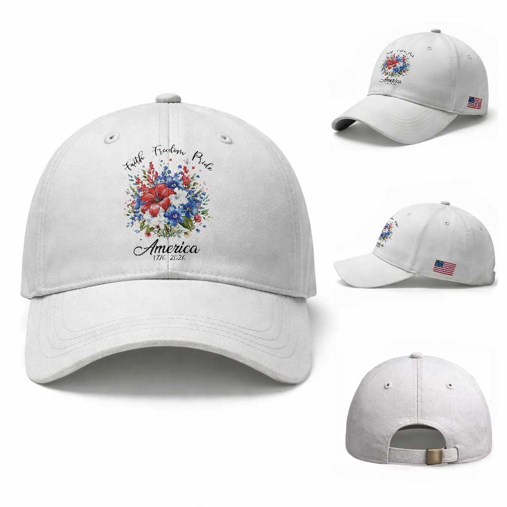 Floral 250th Anniversary Baseball Cap Faith Freedom Pride 4th of July 1776 2026 TS11 Baseball Cap Universal Fit White Print Your Wear
