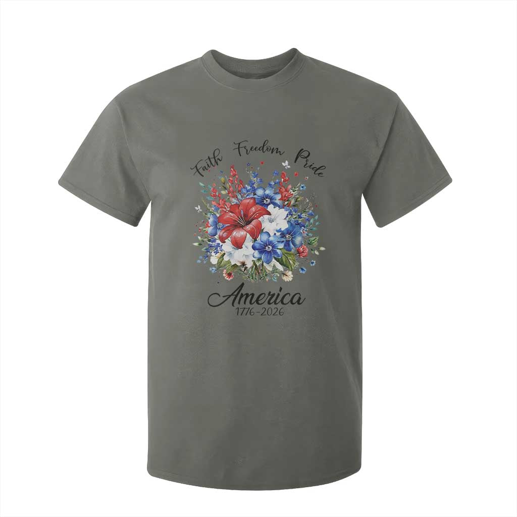 Floral 250th Anniversary T Shirt For Kid Faith Freedom Pride 4th of July 1776 2026 TS11 Military Green Print Your Wear