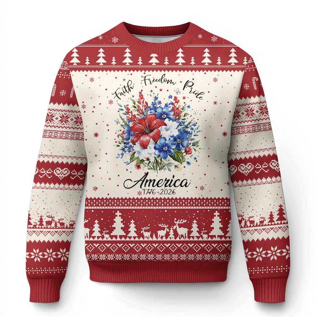 Floral 250th Anniversary Ugly Christmas Sweater Faith Freedom Pride 4th of July 1776 2026 TS11 Beige Red Print Your Wear