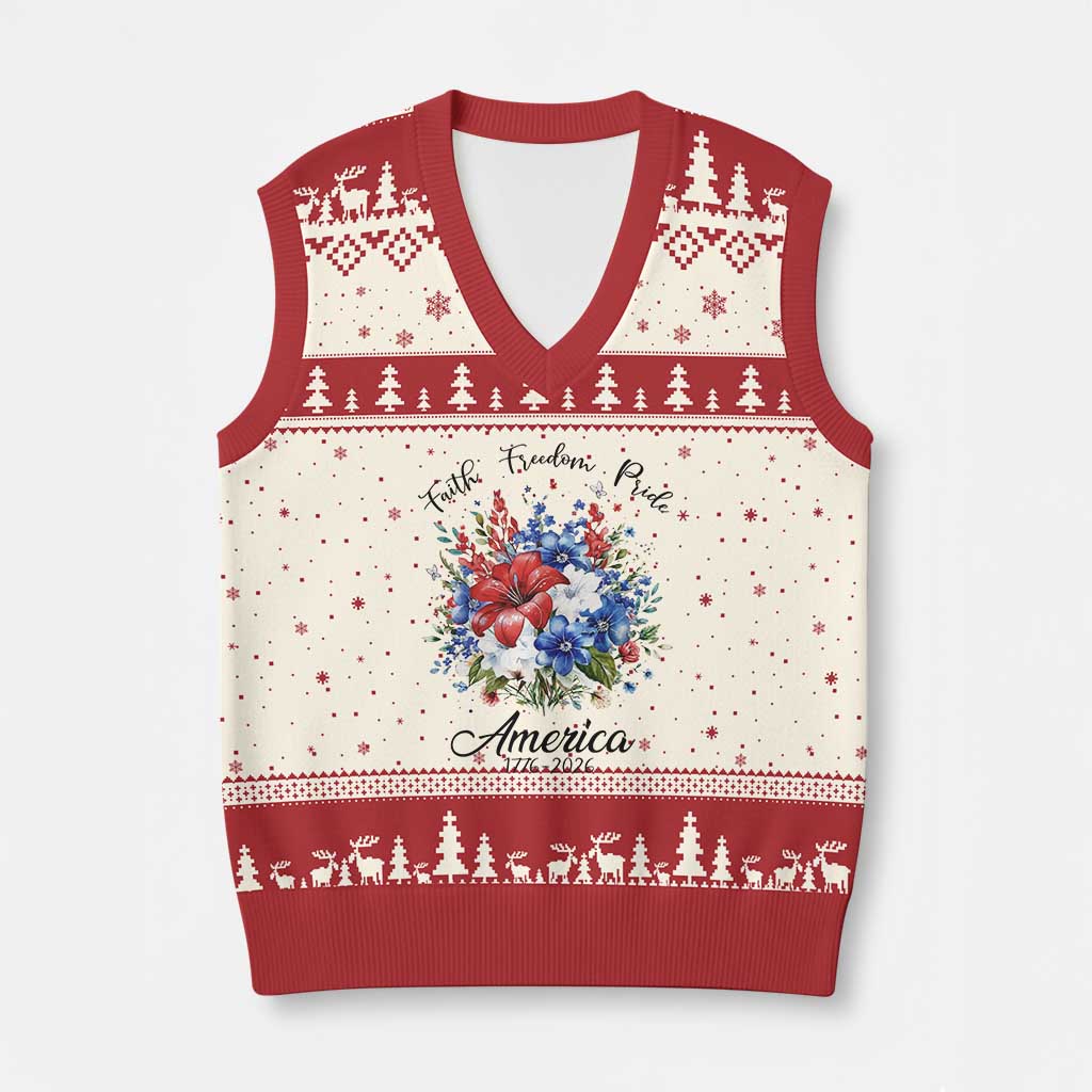 Floral 250th Anniversary V-Neck Knit Sweater Vest Faith Freedom Pride 4th of July 1776 2026 TS11 Beige Red Print Your Wear