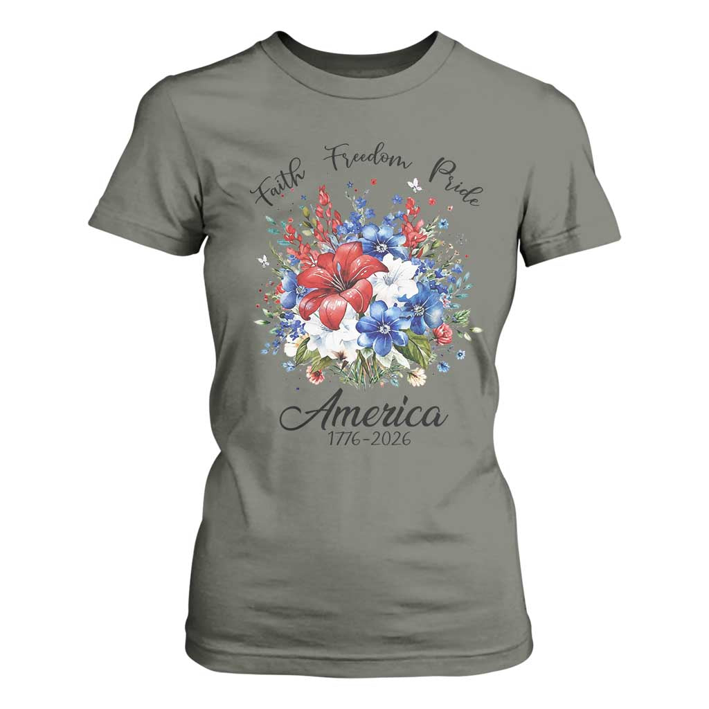 Floral 250th Anniversary T Shirt For Women Faith Freedom Pride 4th of July 1776 2026