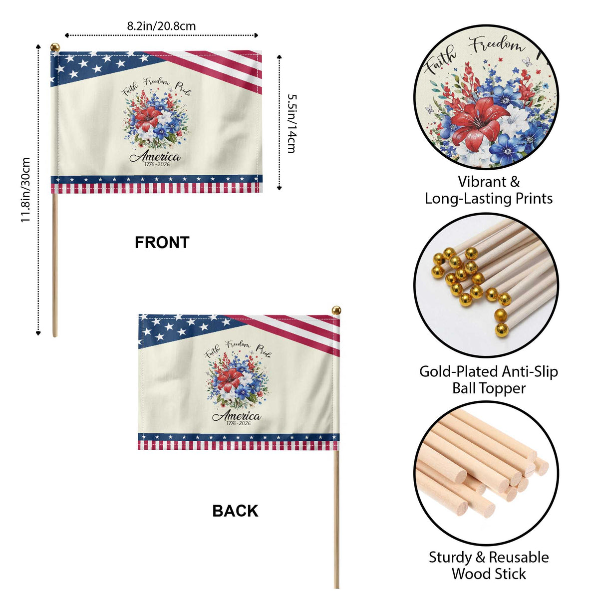 Floral 250th Anniversary Patriotic Handheld Flag Faith Freedom Pride 4th of July 1776 2026 TS11 Print Your Wear