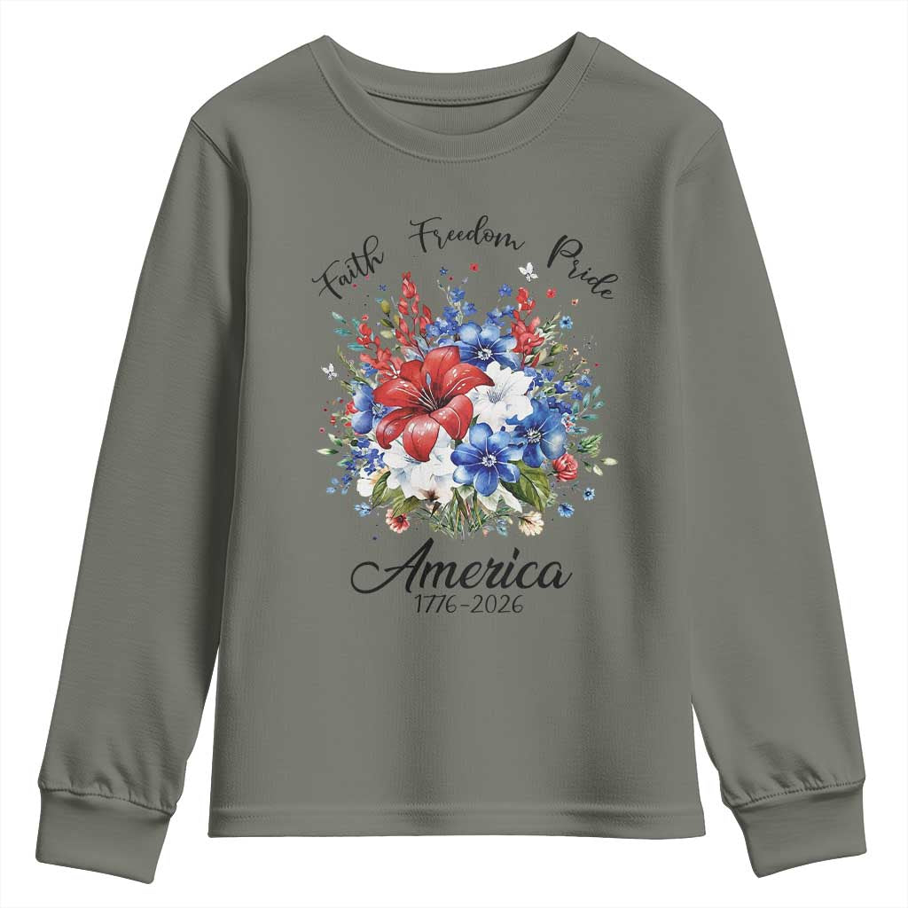 Floral 250th Anniversary Youth Sweatshirt Faith Freedom Pride 4th of July 1776 2026 TS11 Military Green Print Your Wear