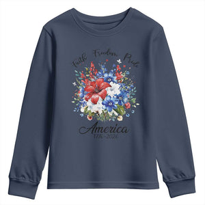 Floral 250th Anniversary Youth Sweatshirt Faith Freedom Pride 4th of July 1776 2026 TS11 Navy Print Your Wear