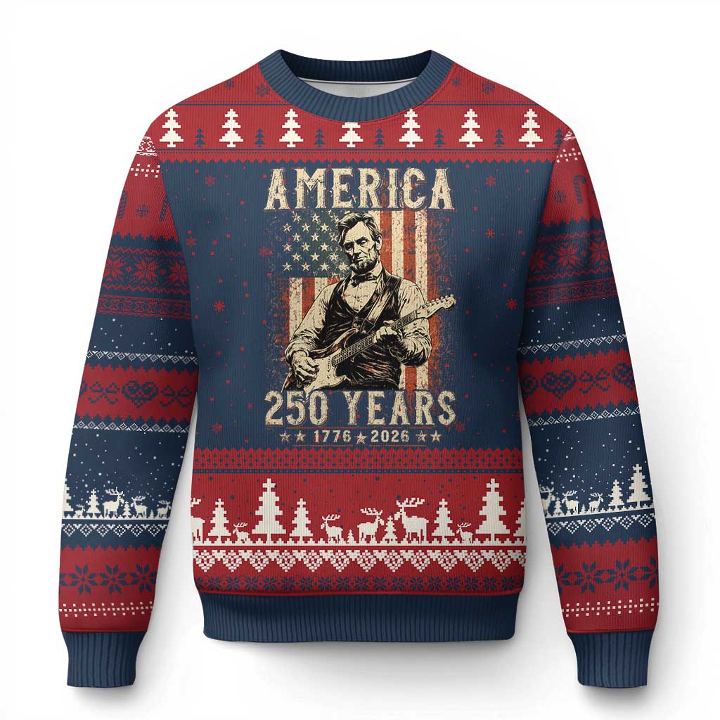 Abraham Lincoln Playing Guitar 4th July US 250th Anniversary Ugly Christmas Sweater TS11 Navy Red Print Your Wear