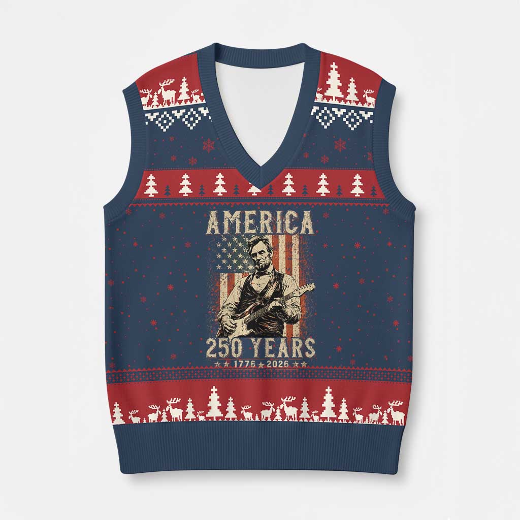 Abraham Lincoln Playing Guitar 4th July US 250th Anniversary V-Neck Knit Sweater Vest TS11 Navy Red Print Your Wear