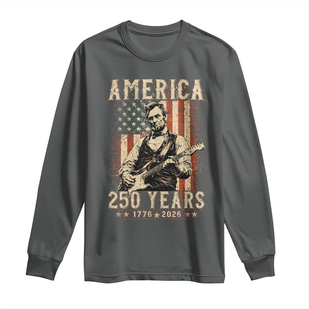 Abraham Lincoln Playing Guitar 4th July US 250th Anniversary Long Sleeve Shirt TS11 Dark Heather Print Your Wear