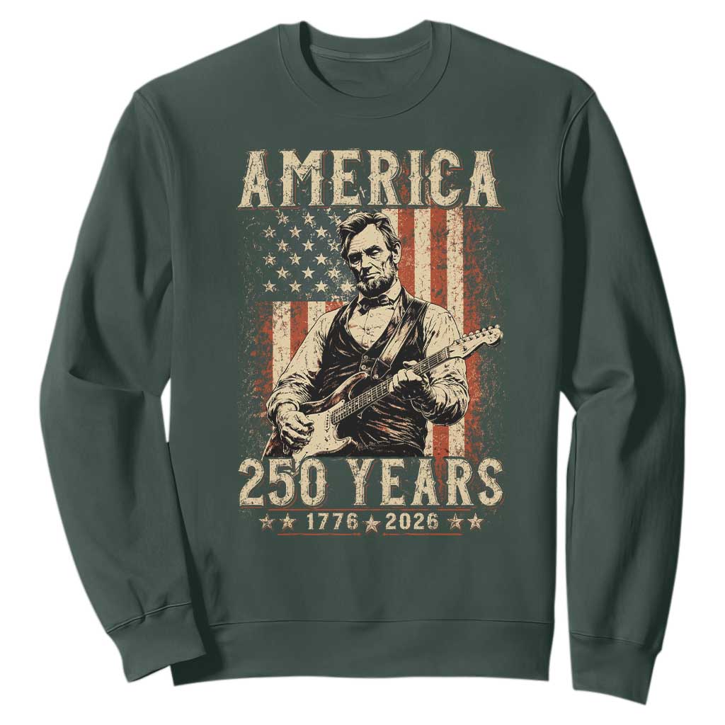 Abraham Lincoln Playing Guitar 4th July US 250th Anniversary Sweatshirt TS11 Dark Forest Green Print Your Wear