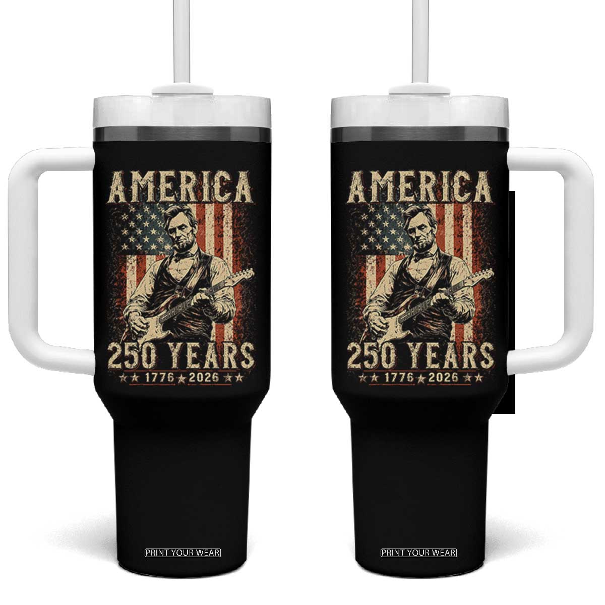 Abraham Lincoln Playing Guitar 4th July US 250th Anniversary Tumbler With Handle TS11 One Size: 40 oz Black Print Your Wear