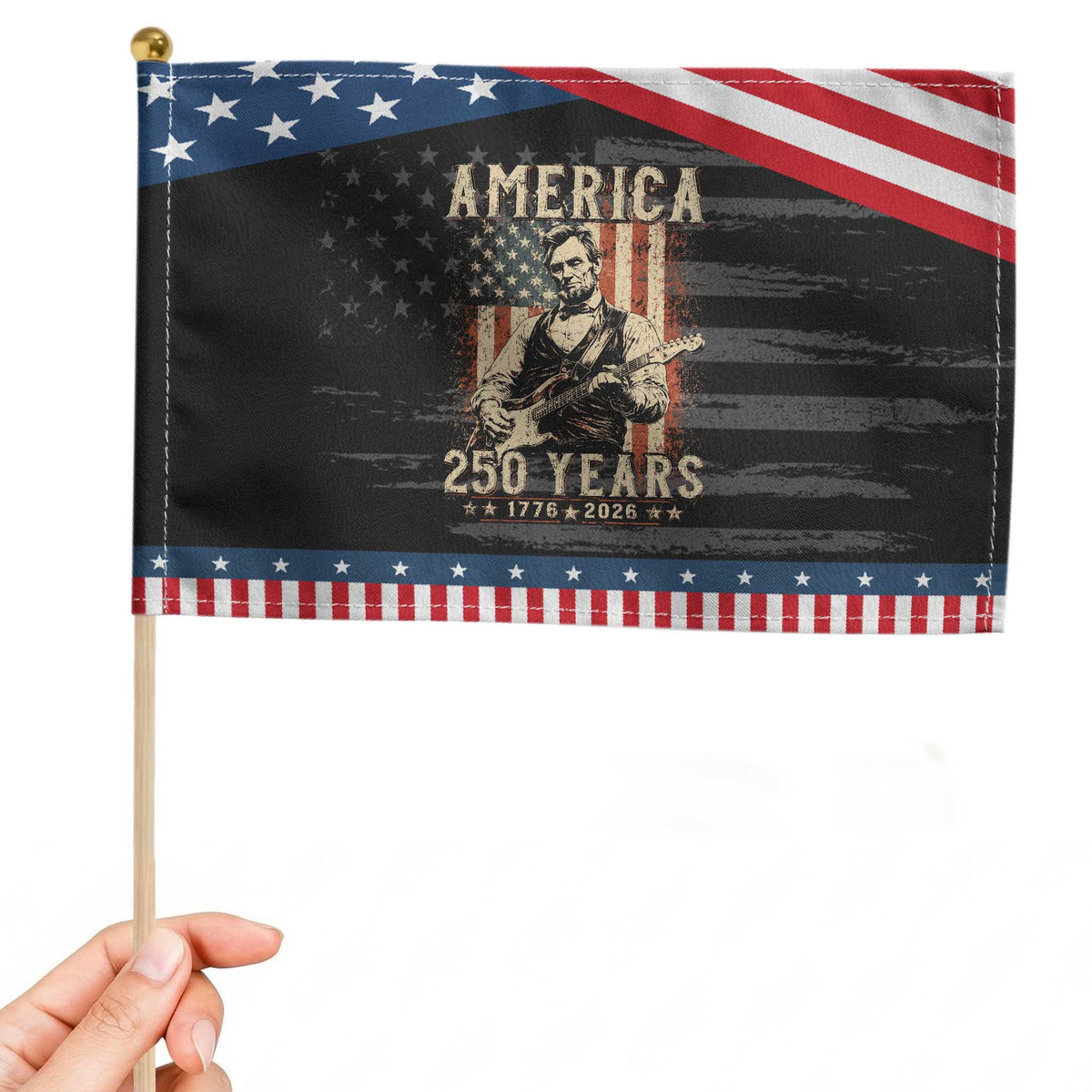 Abraham Lincoln Playing Guitar 4th July US 250th Anniversary Patriotic Handheld Flag TS11 Distressed 8.2" × 5.5" Black Blue Print Your Wear