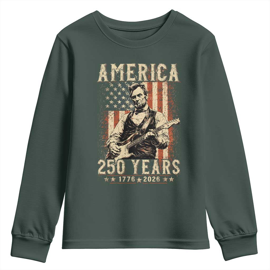 Abraham Lincoln Playing Guitar 4th July US 250th Anniversary Youth Sweatshirt TS11 Dark Forest Green Print Your Wear