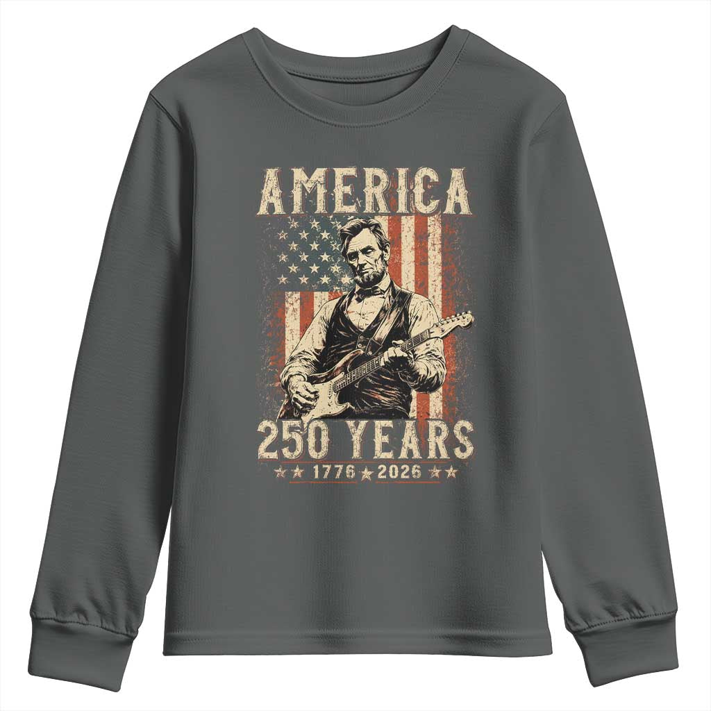 Abraham Lincoln Playing Guitar 4th July US 250th Anniversary Youth Sweatshirt TS11 Dark Heather Print Your Wear