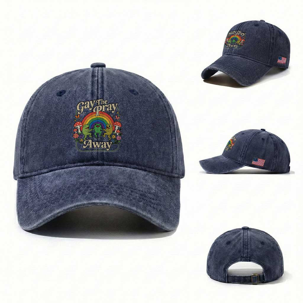 Gay The Pray Away Queer Frog LGBTQ Washed Cotton Baseball Cap TS11 Washed Cap Universal Fit Navy Print Your Wear