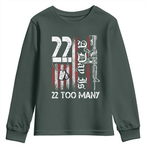 Suicide Awareness PTSD Veteran Youth Sweatshirt 22 A Day Is Too Many Vintage American Flag TS11 Dark Forest Green Print Your Wear